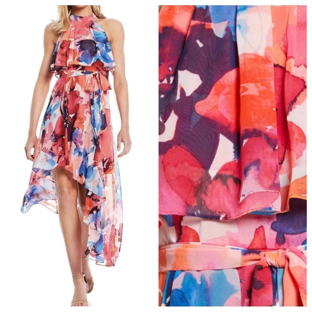 New! Eliza J watercolor floral tiered midi dress 26031